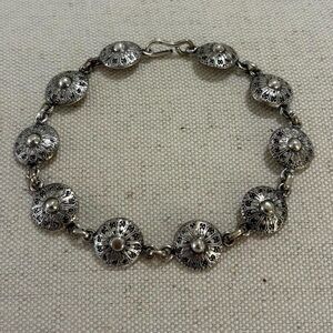 Antique Silver Concho Link Statement Bracelet with Hallmarks Real Silver 7.75”
